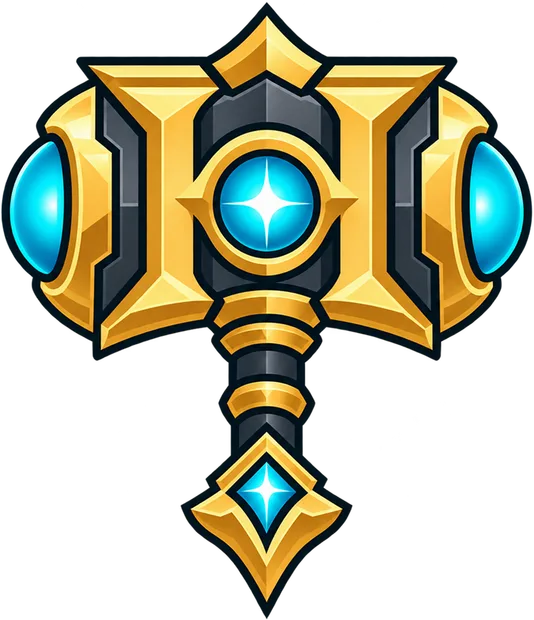 The illustrated hammer in gold and teal, on a transparent background.